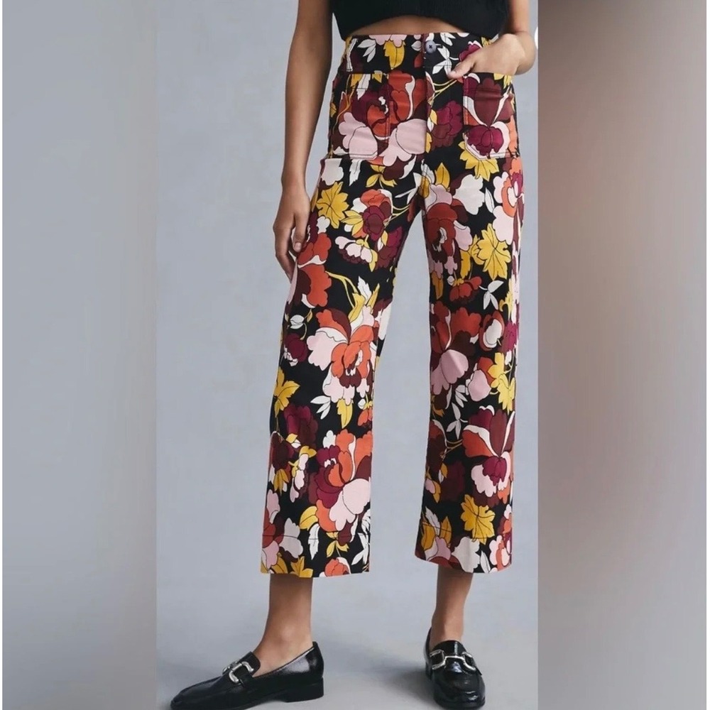 Maeve Colette Bold Floral Wide Leg Pants Black Cropped High Rise Linen Blend 27